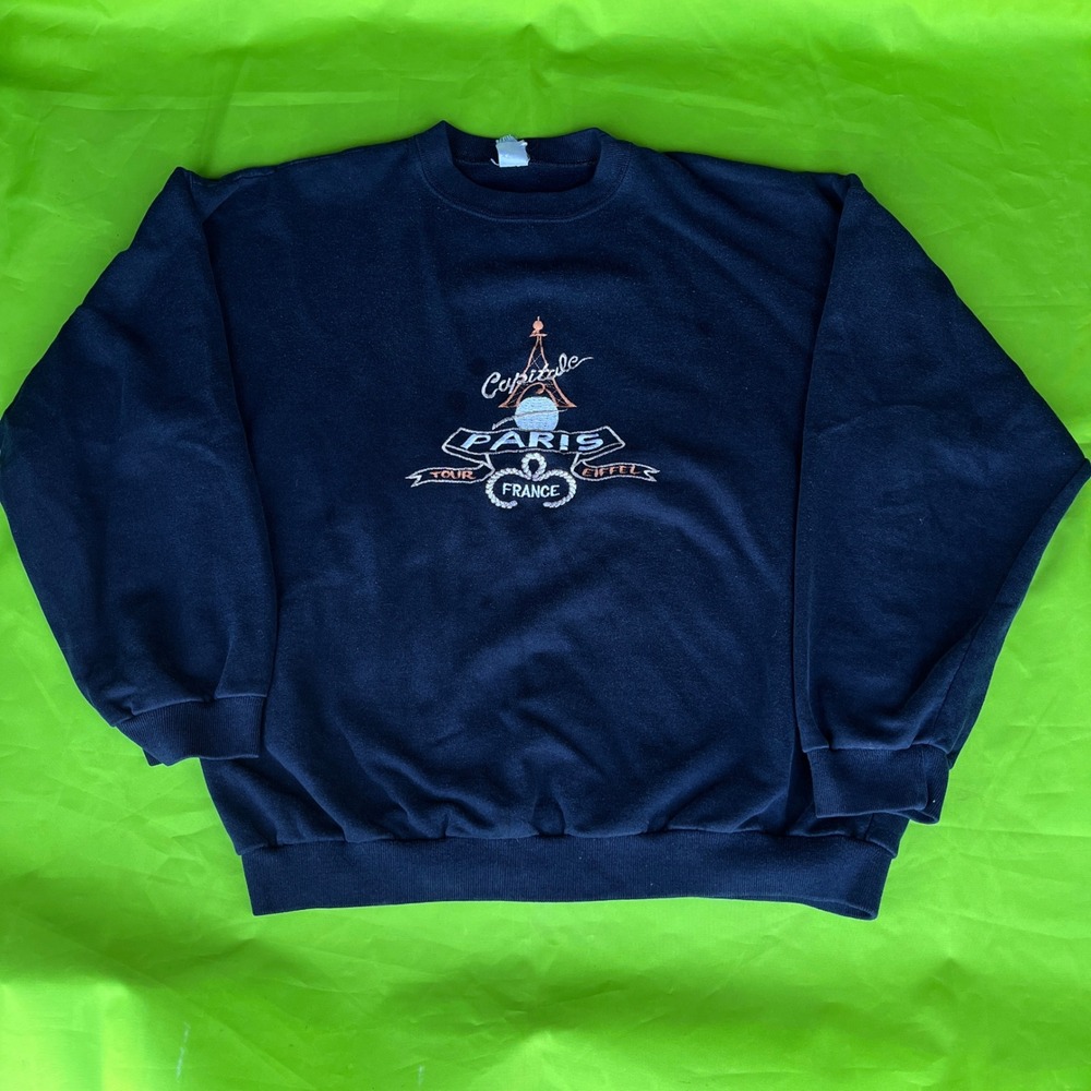 Vintage Paris France Capitale‎ Tour Eiffel Embroidered Navy Blue Sweatshirt L